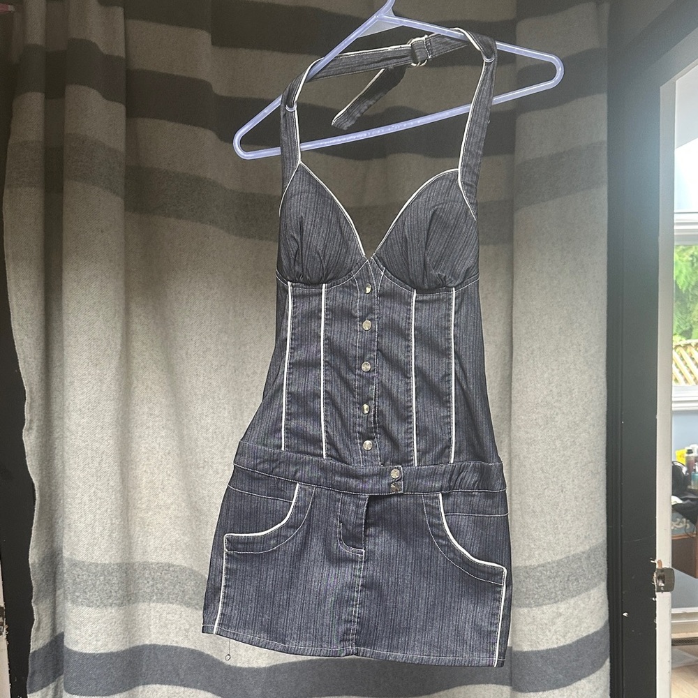 Mustard Seed Denim Mini Dress - Blue and White
